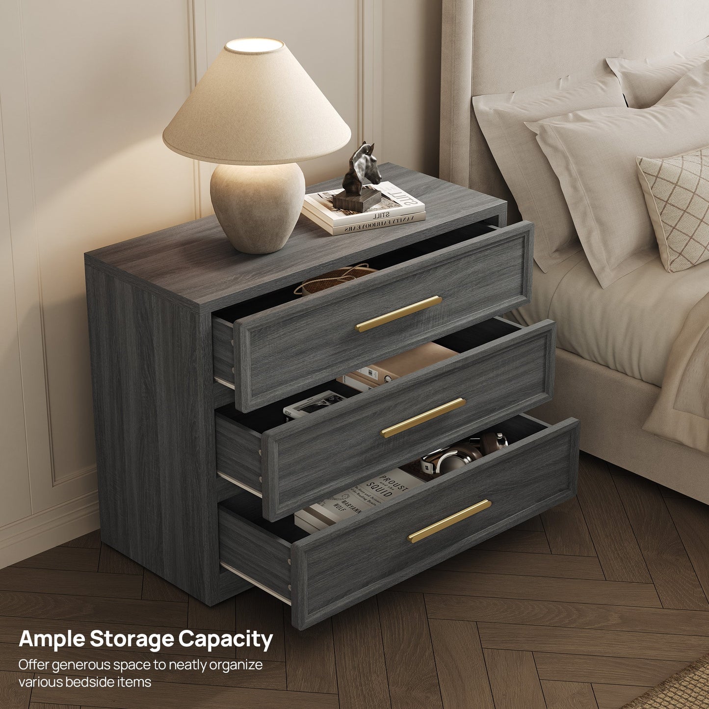 Crescent Nightstand with 3 Drawers for Bedroom