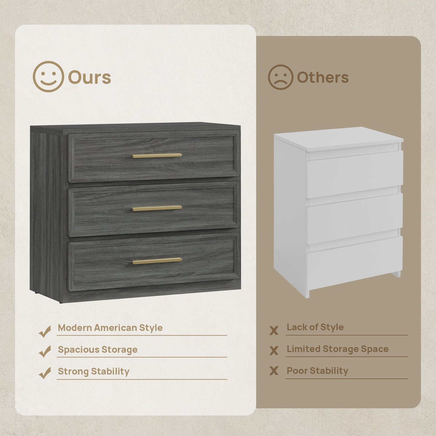 Crescent Nightstand with 3 Drawers for Bedroom
