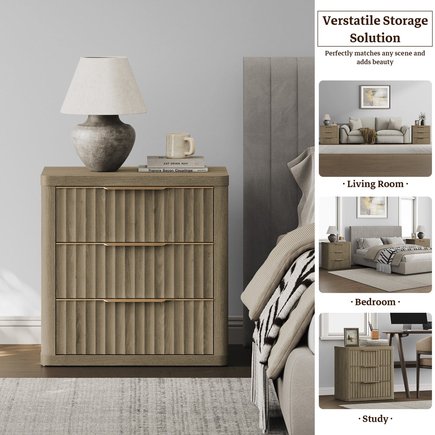 Cas Nightstands 3 Drawers, Golden Handle