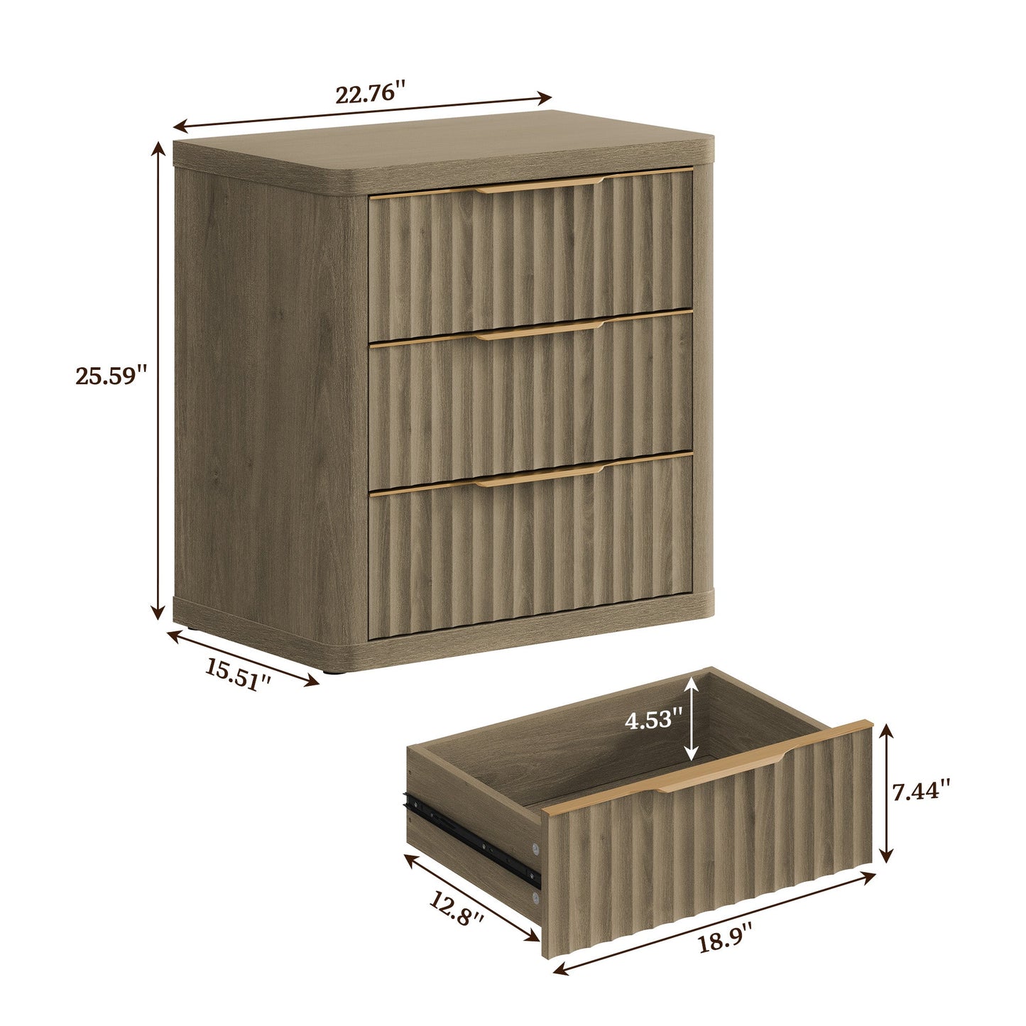 Commode 3 tiroirs Cas, poignée dorée
