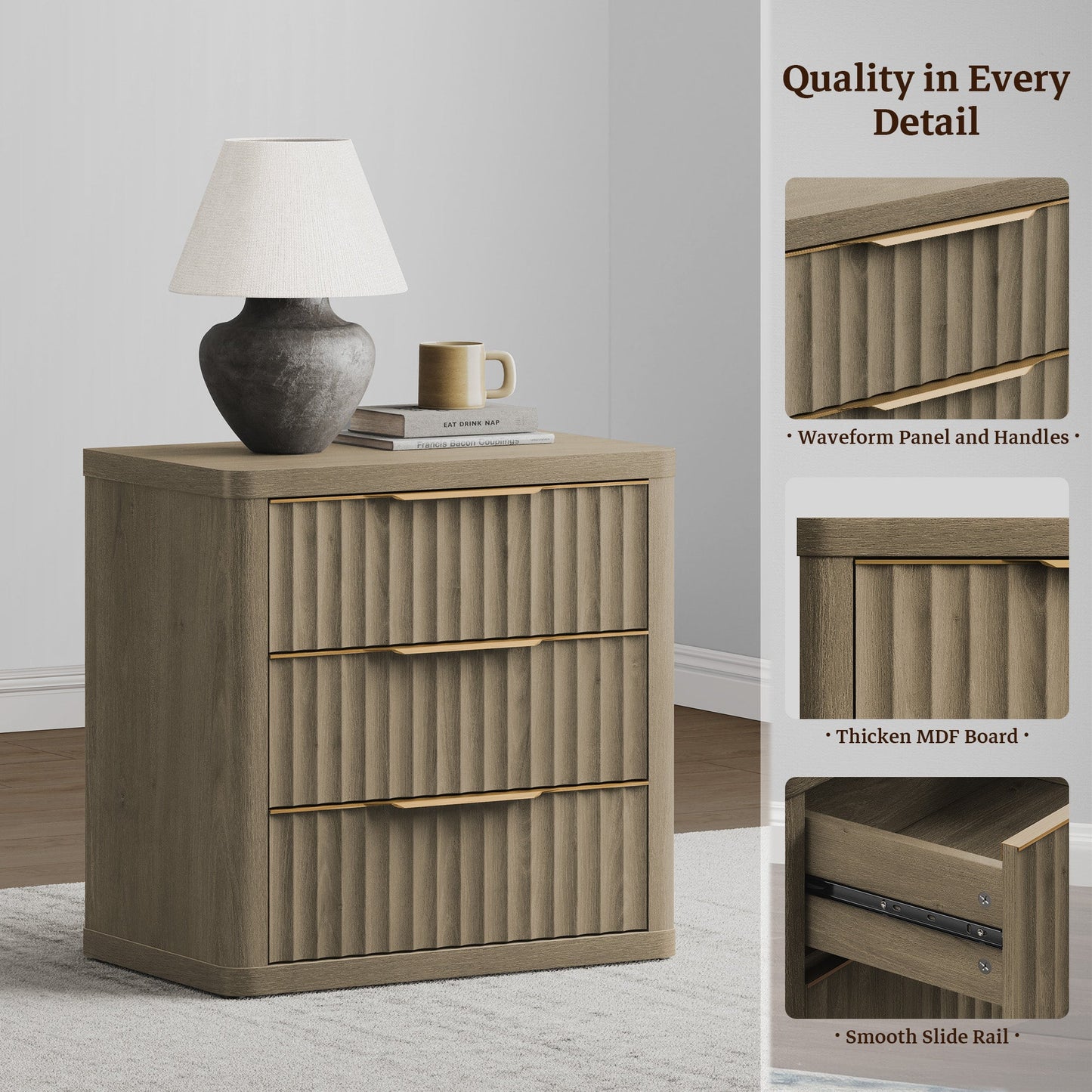 Cas Nightstands 3 Drawers, Golden Handle