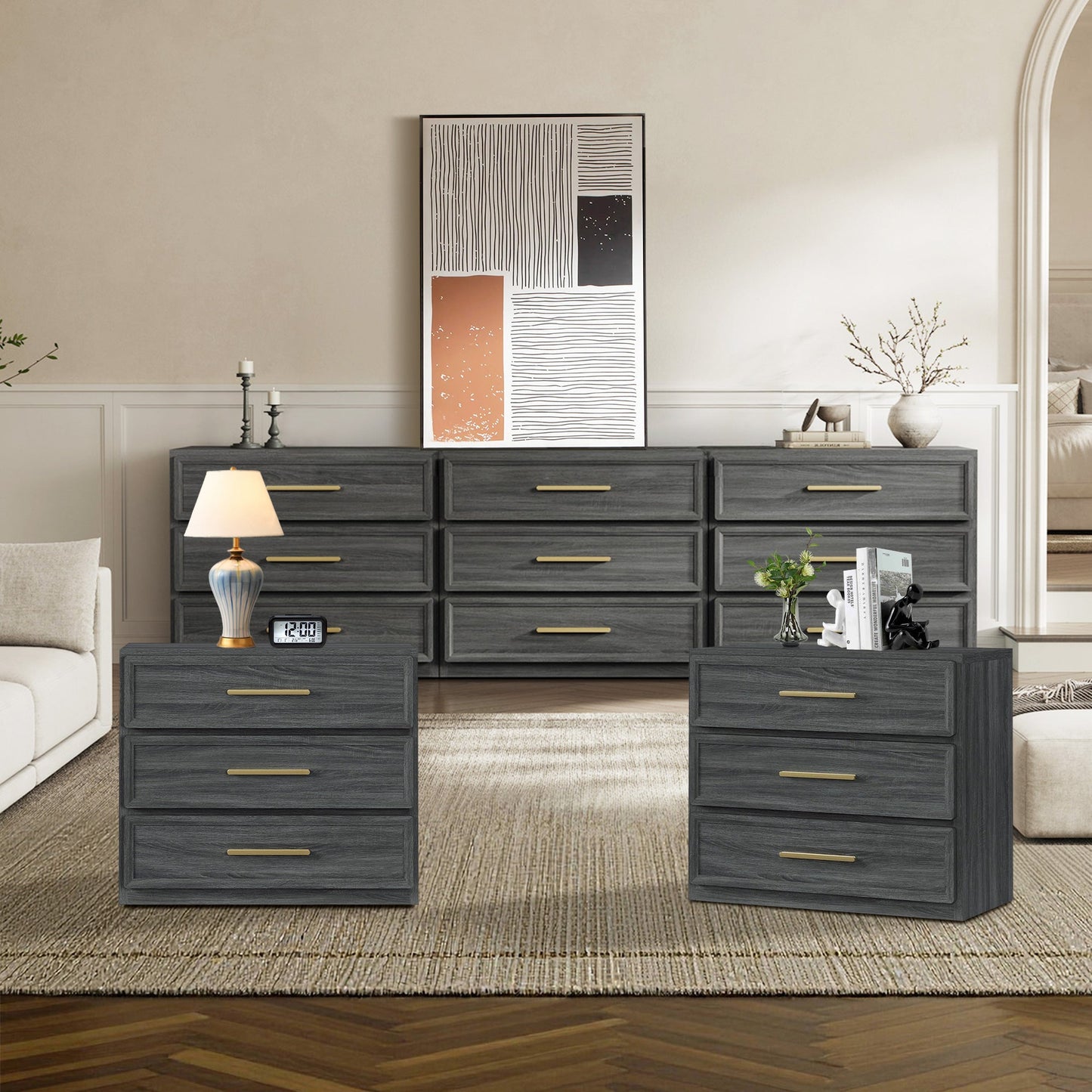 Crescent 9 Drawers Dresser and Nightstands Set