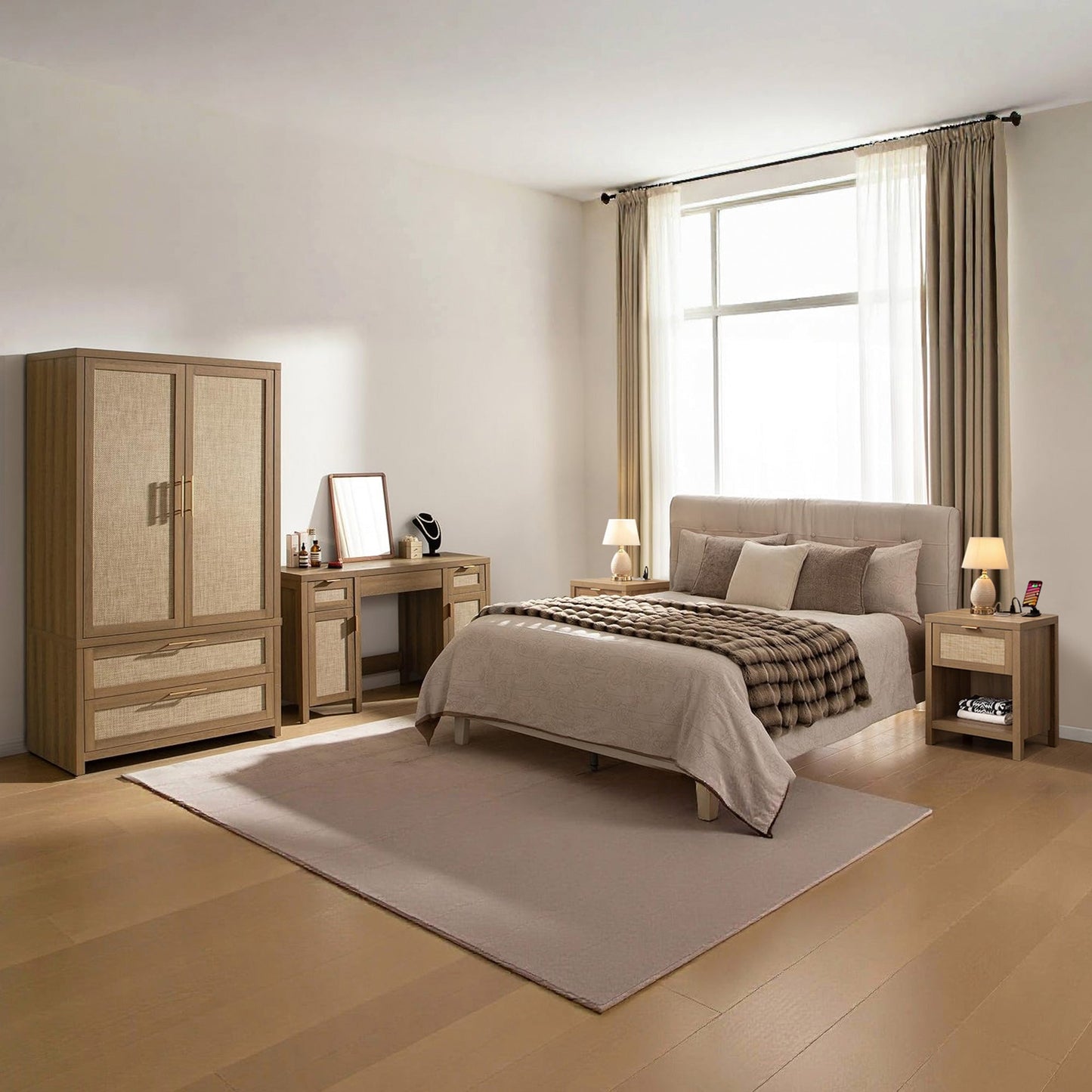 Savanna Wardrobe, Vanity Table, Nightstand with Charger Sets