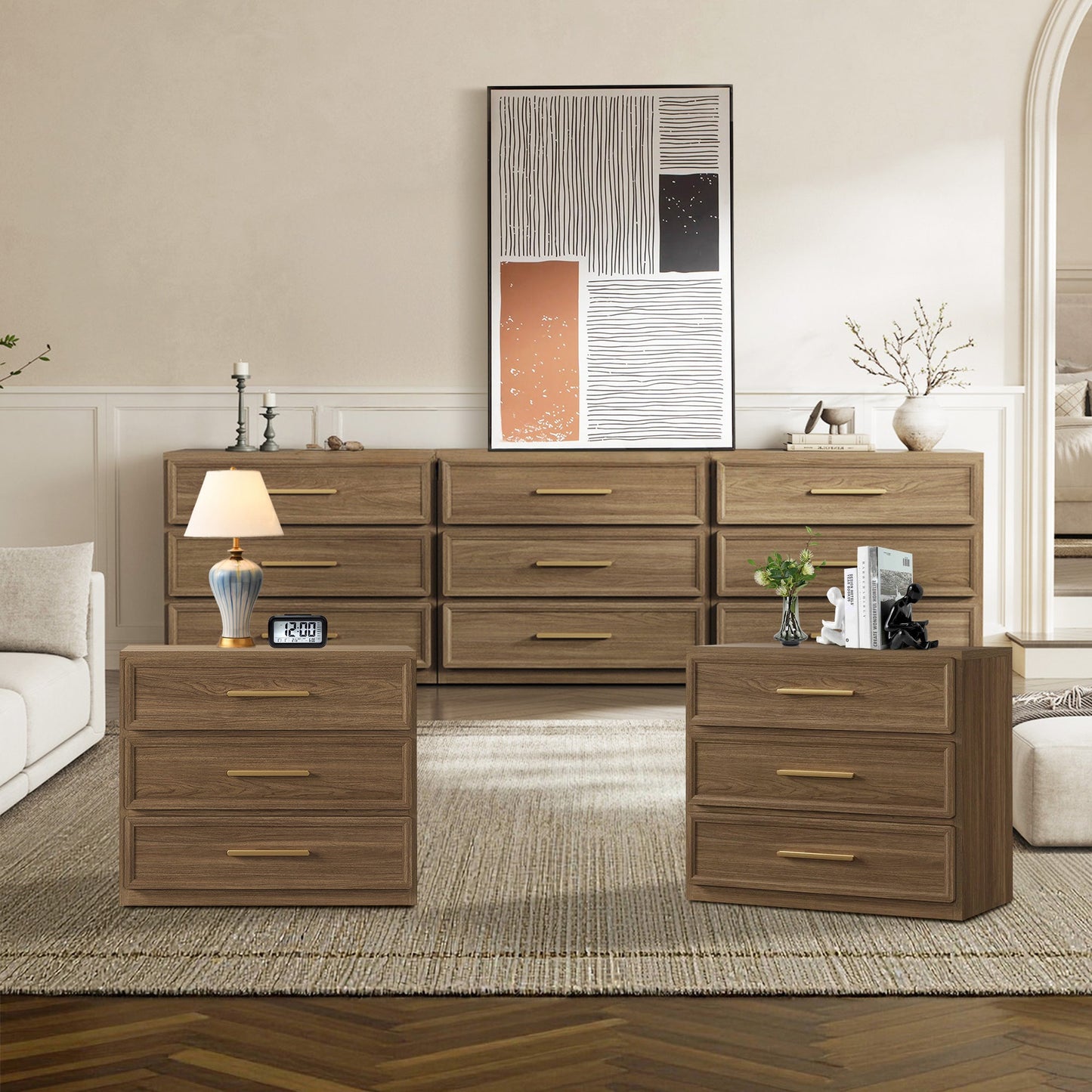 Crescent 9 Drawers Dresser and Nightstands Set