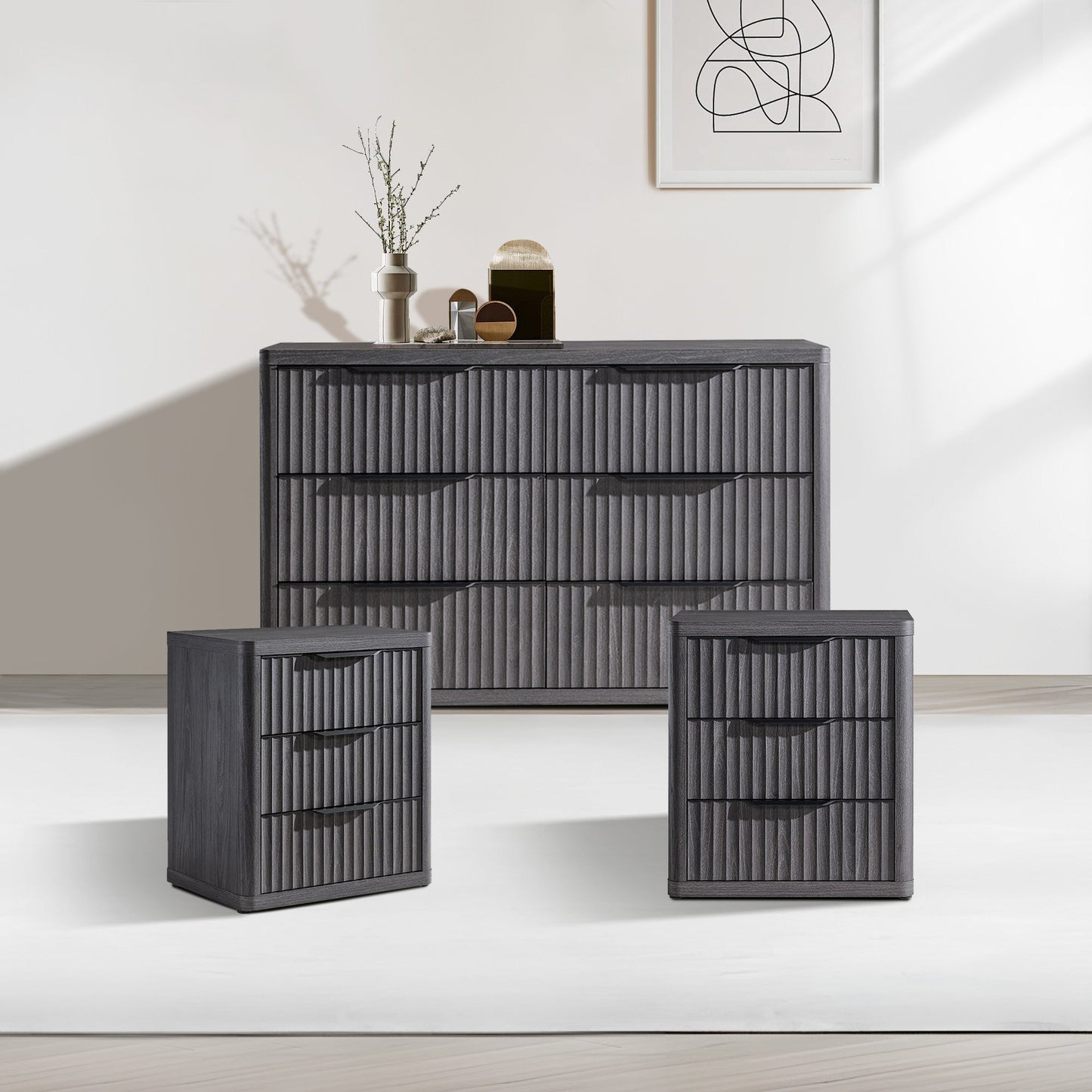 Cas 6 Drawers Dresser and 3 Drawers Nightstands Set for Bedroom