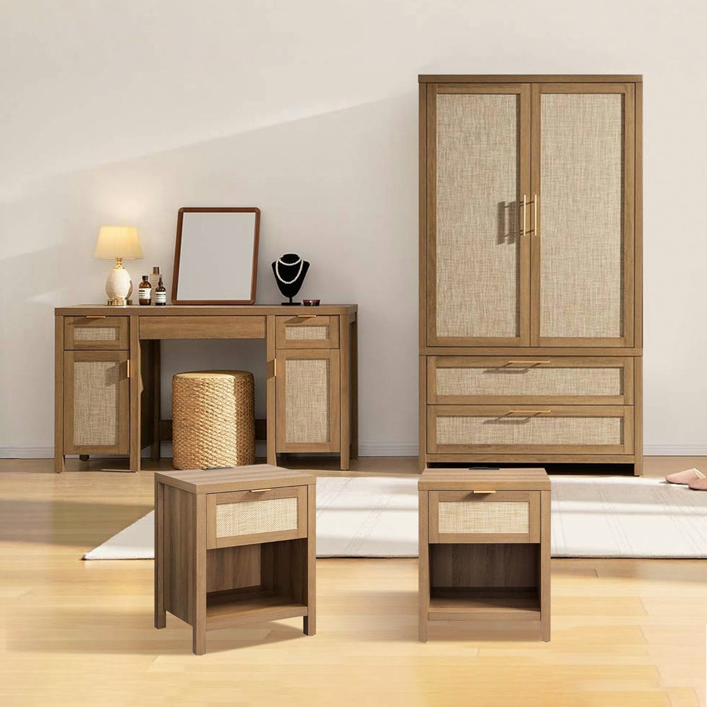 Savanna Wardrobe, Vanity Table, Nightstand with Charger Sets