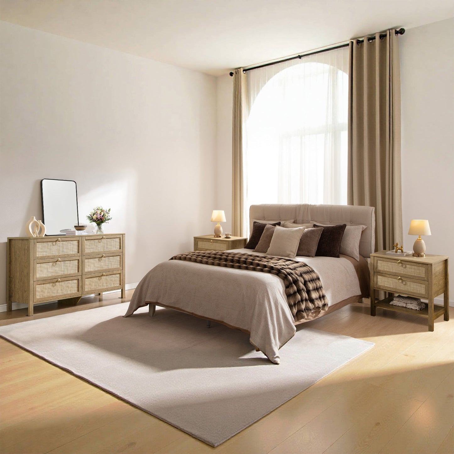 Terra 6 Drawers Dresser And White Cream Oak Nightstands Sets