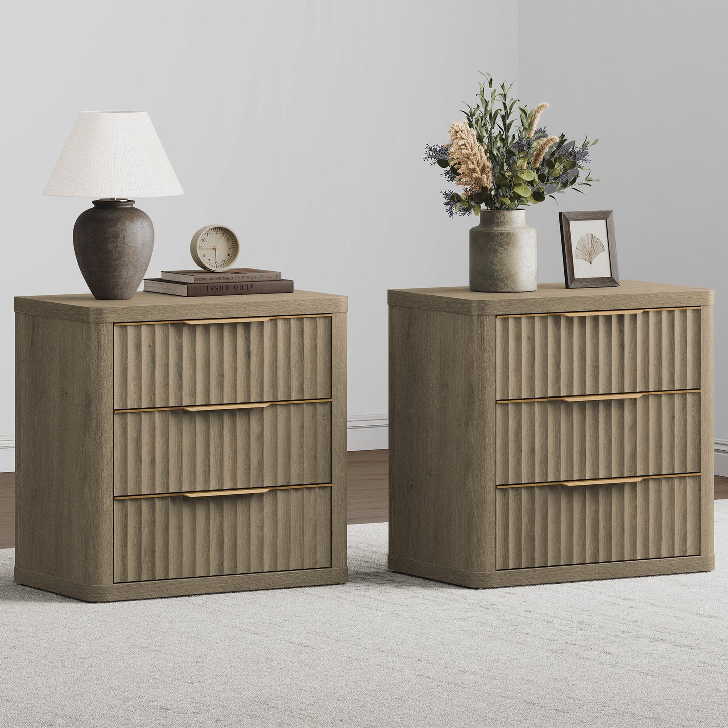 Cas Nightstands 3 Drawers, Golden Handle