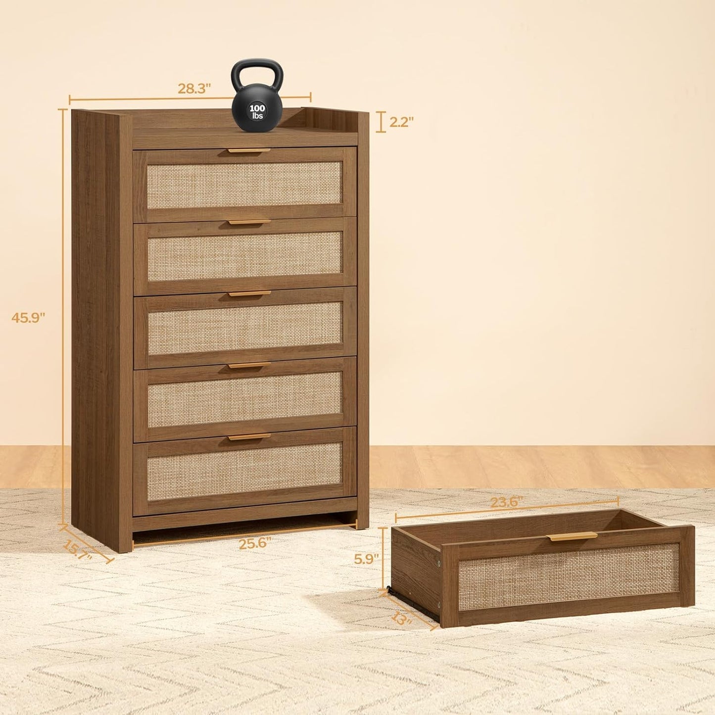 Savanna Rattan Dresser, 5 Drawers