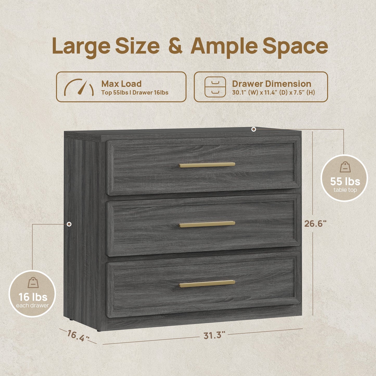 Crescent Nightstand with 3 Drawers for Bedroom