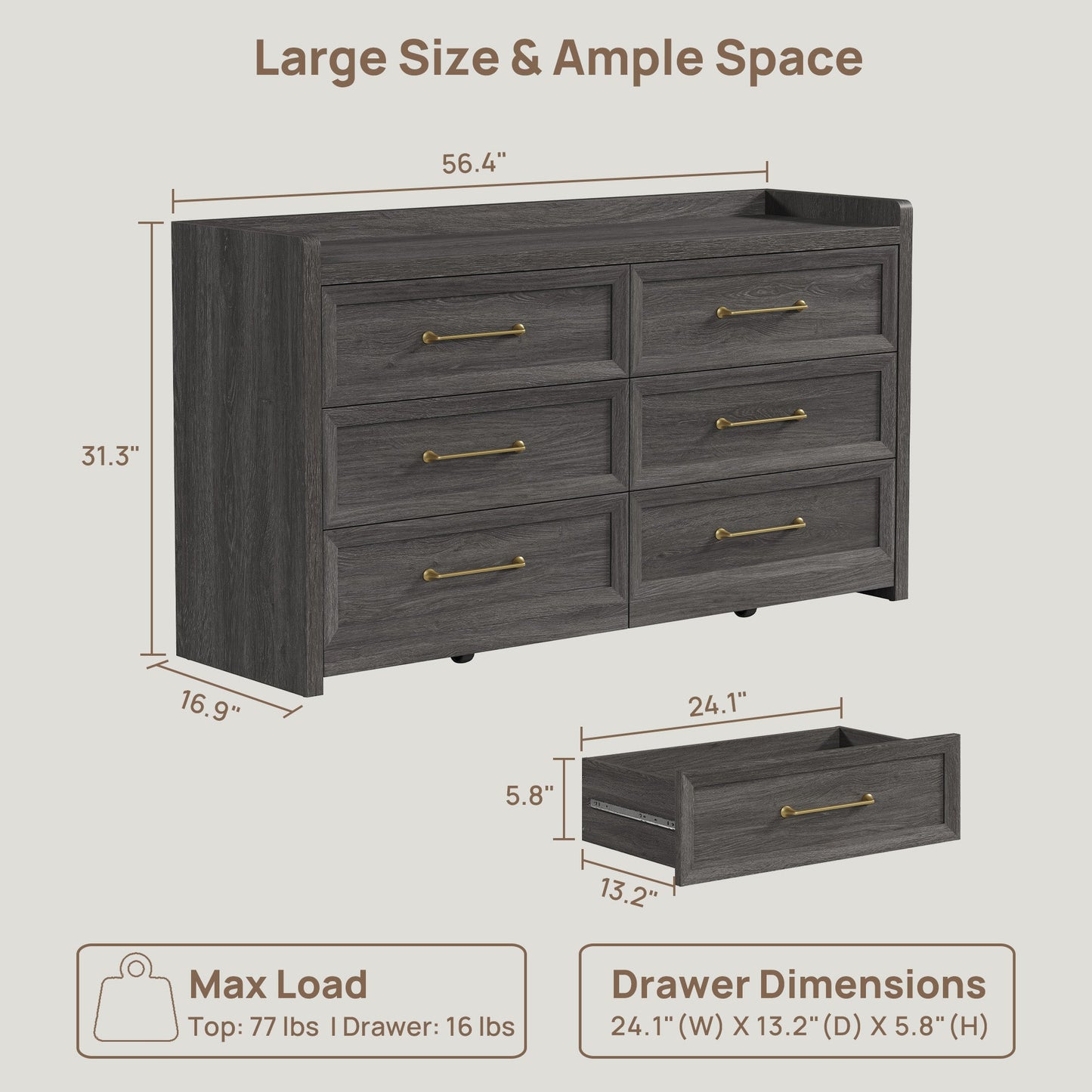 Helio 6-Drawer Dresser and Nightstands Set For Bedroom
