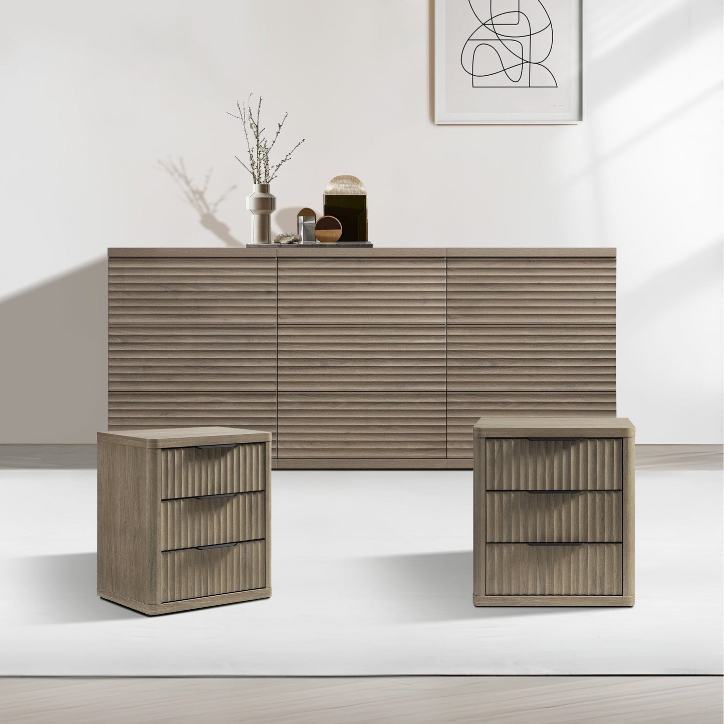 Stria 9-Drawer Dresser and Cas 3-Drawer Nightstand Set