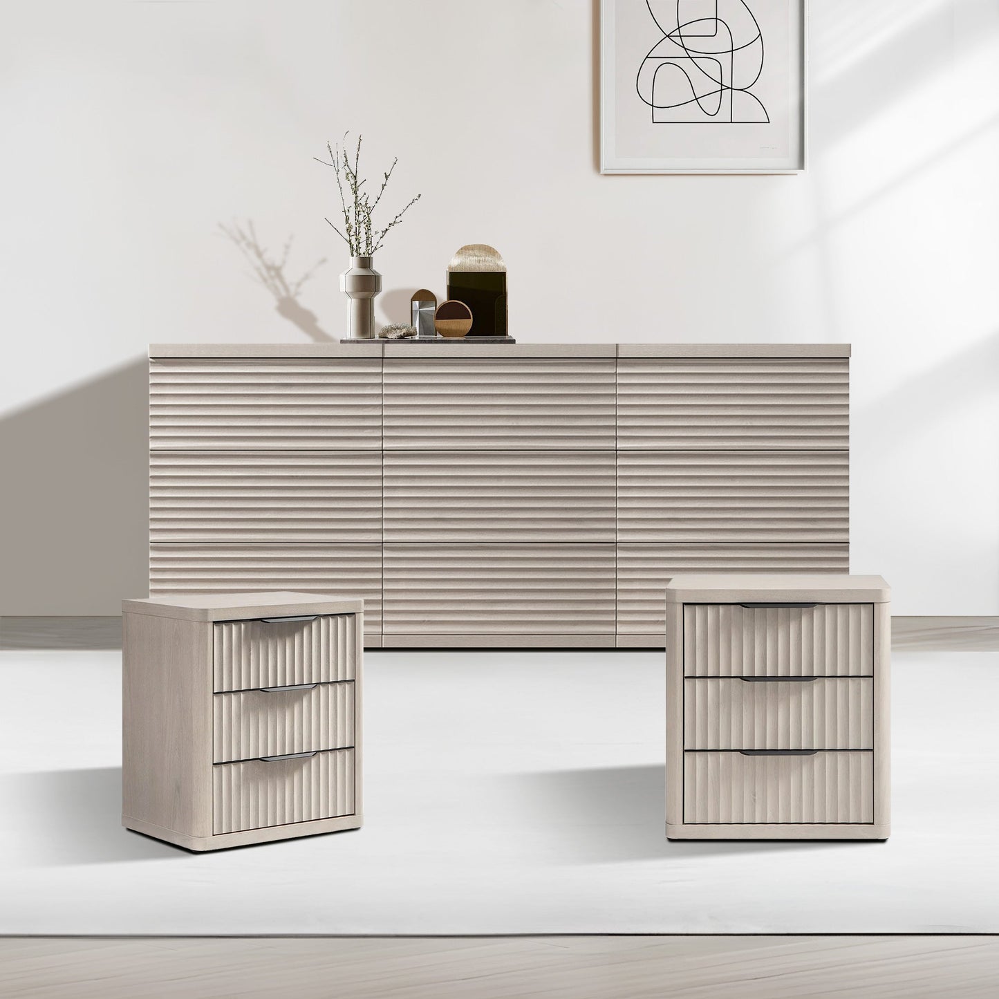 Stria 9-Drawer Dresser and Cas 3-Drawer Nightstand Set