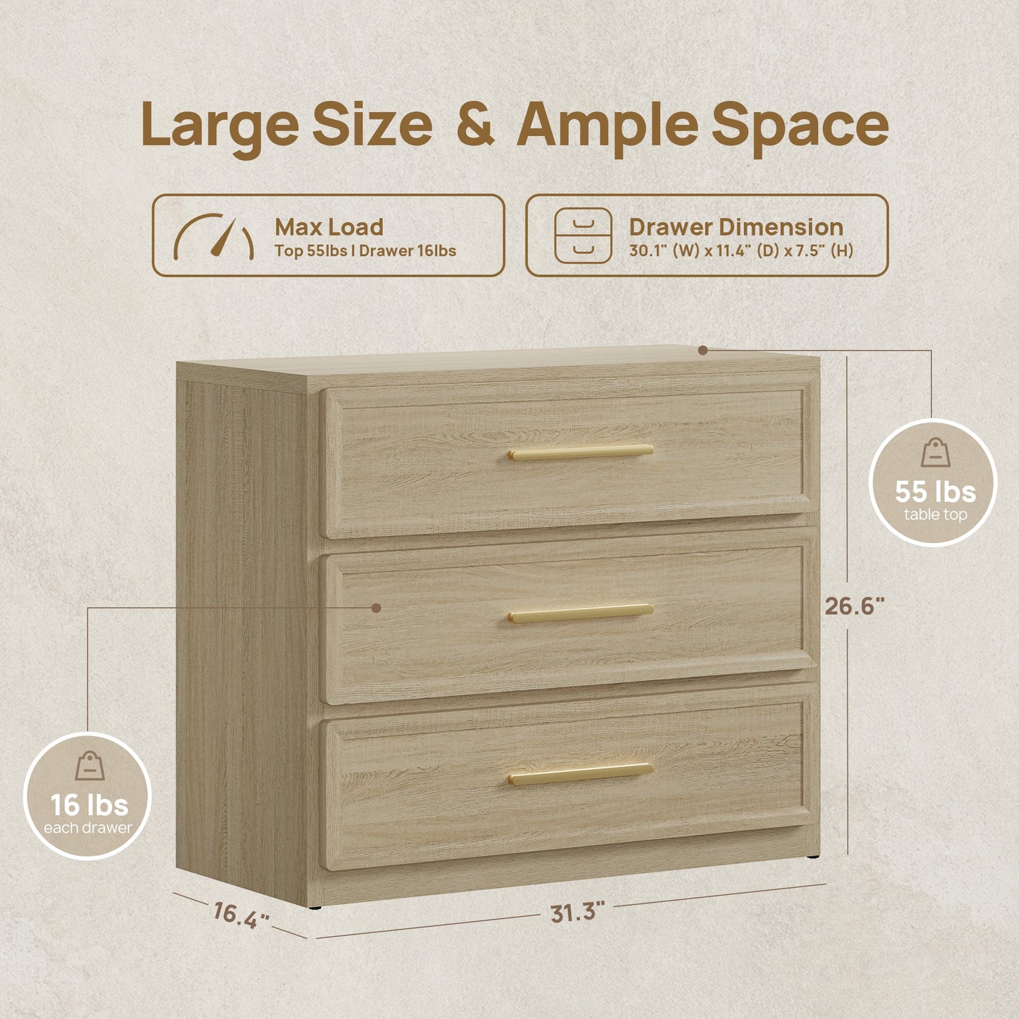 Crescent Nightstand, 3 Drawers