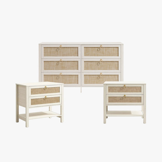 Terra 6 Drawers Dresser And White Cream Oak Nightstands Sets