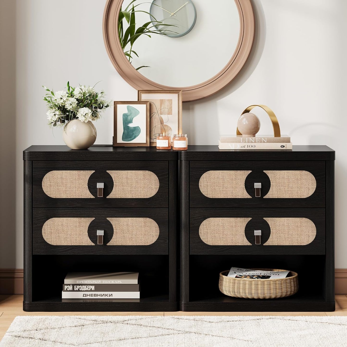 Black Nightstand with Drawer,24Inch