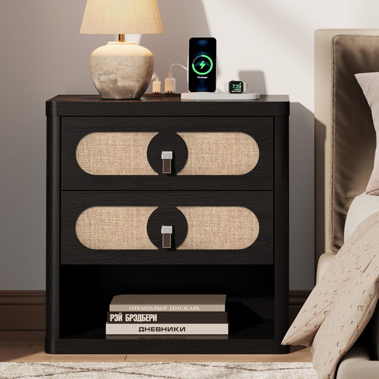Black Nightstand with Drawer,24Inch
