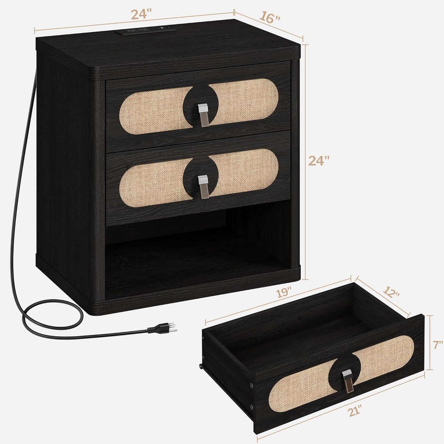 Black Nightstand with Drawer,24Inch