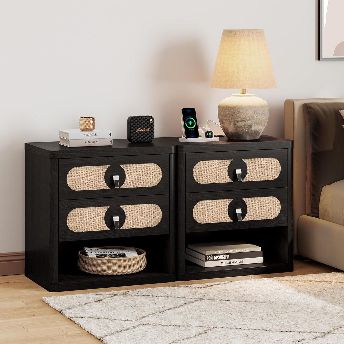 Black Nightstand with Drawer,24Inch