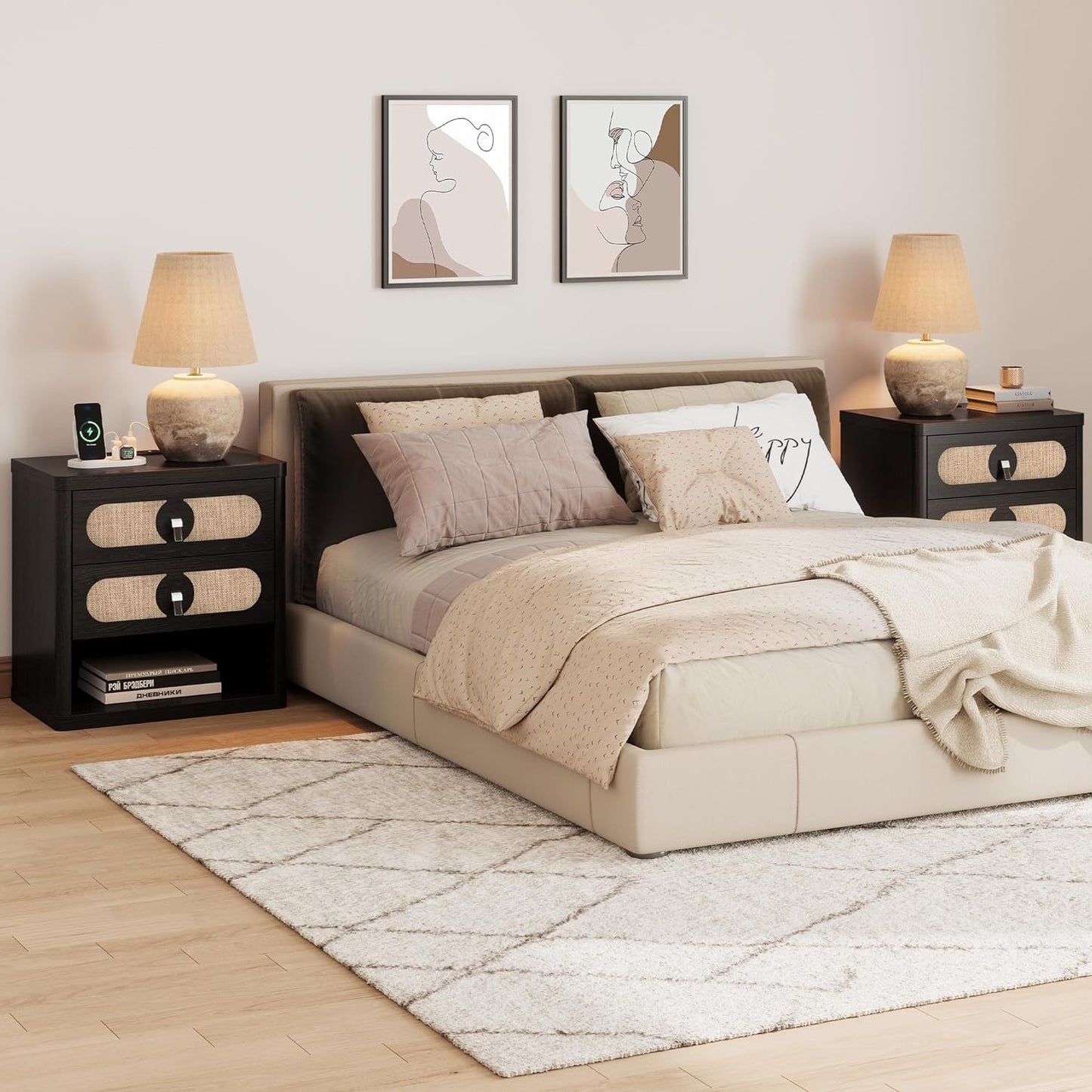 Black Nightstand with Drawer,24Inch