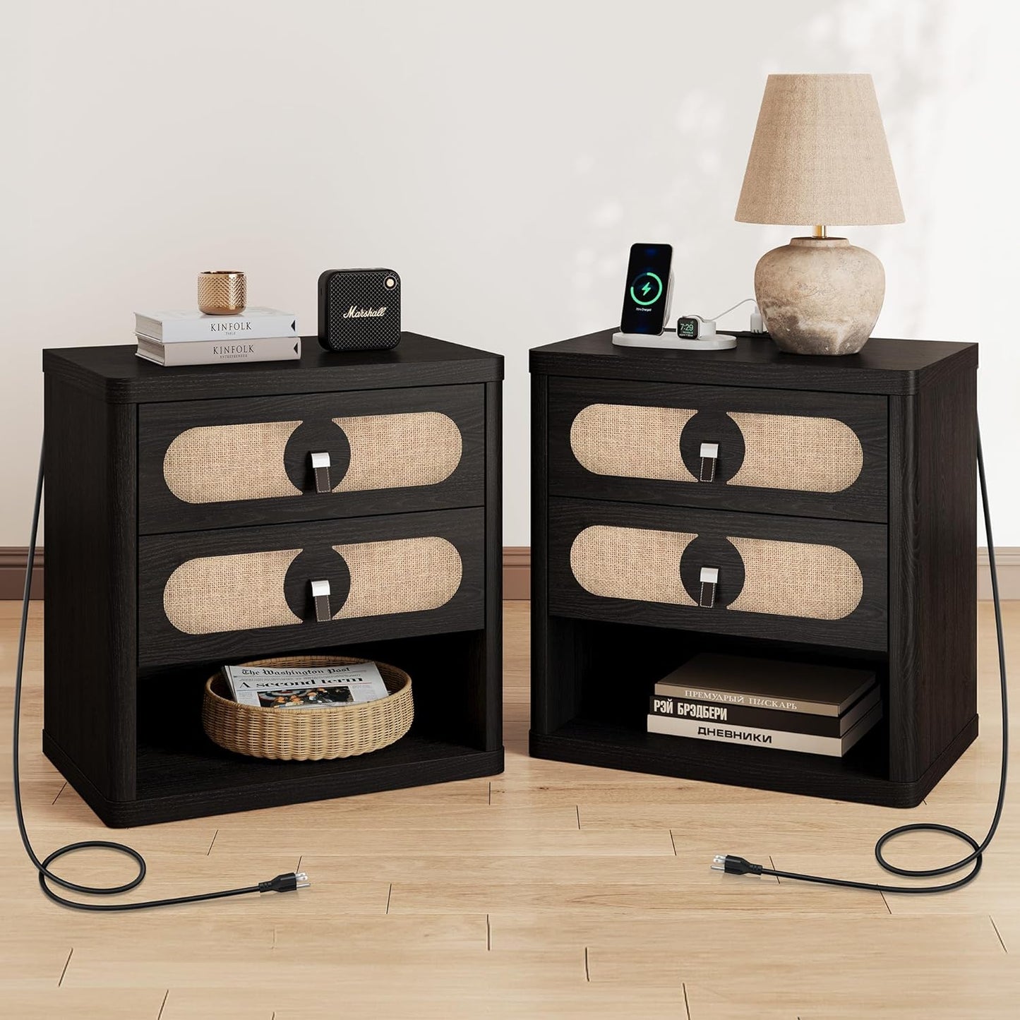 Black Nightstand with Drawer,24Inch